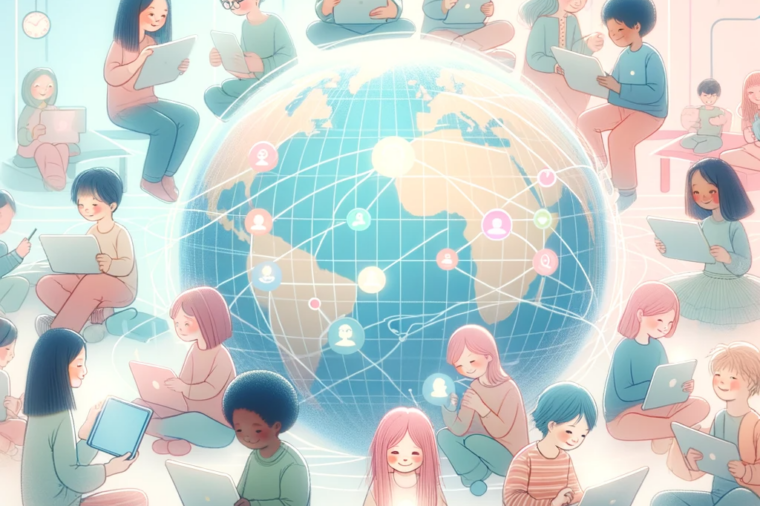 This image visually represents the GlobeLing platform, an online language practice environment for children. It features diverse children engaging with digital devices, symbolizing their participation in interactive language activities. These young learners are connected through a virtual network, representing GlobeLing's global reach and its emphasis on international communication.