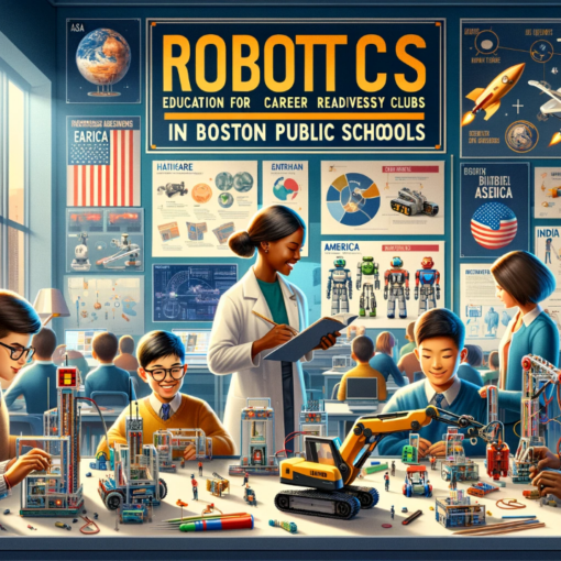 Robotics Education for Career Readiness Clubs in Boston Public Schools." They showcase a dynamic classroom setting with students from diverse backgrounds engaging in robotics activities, and include elements that hint at various STEM careers, such as posters and models related to robotics in different industries
