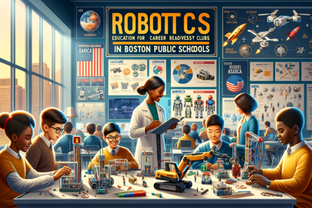 Robotics Education for Career Readiness Clubs in Boston Public Schools." They showcase a dynamic classroom setting with students from diverse backgrounds engaging in robotics activities, and include elements that hint at various STEM careers, such as posters and models related to robotics in different industries