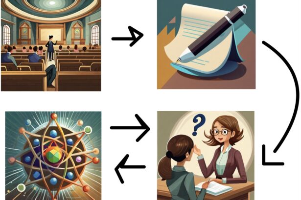 This is a visualization of the process. It starts with going into class, then thinking of questions, then asking clarifying questions, then connecting the context to an area of interest, and then going to the professor and discussing the connections.