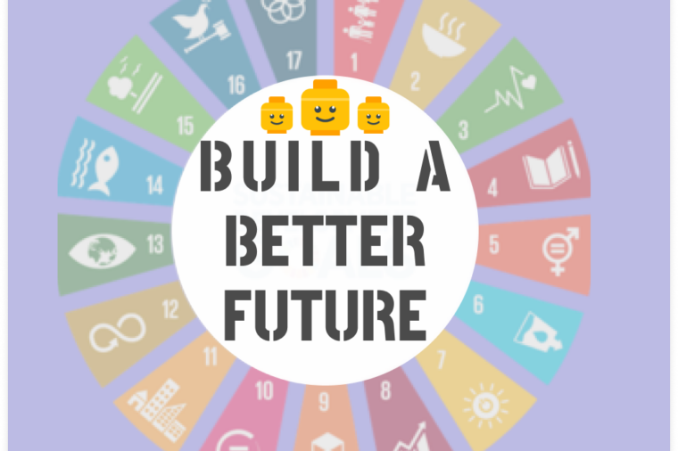 The Sustainable Development Goal logo that has 17 rectangles each with a symbol representing a goal coming off of the main circle that has the text 'Build a Better Future' with three lego block heads above the text.