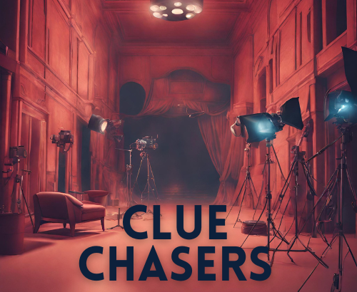 "Clue Chasers: a media literacy simulation" on a red movie set background