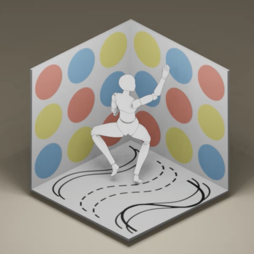 A person participating in a game, her right hand reaching towards the blue circular area on one wall, her left knee touching the yellow circular area on the other wall, her feet standing in the "SS" area, forming a pose similar to pliƩ.