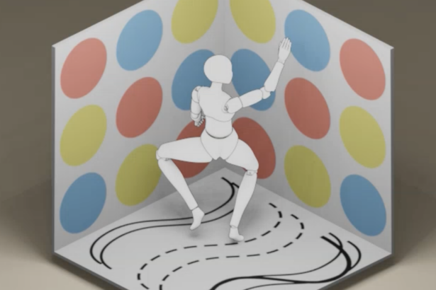 A person participating in a game, her right hand reaching towards the blue circular area on one wall, her left knee touching the yellow circular area on the other wall, her feet standing in the "SS" area, forming a pose similar to plié.