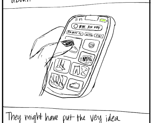 A hand-drawn image of someone holding a smart phone and browsing search results on the internet.