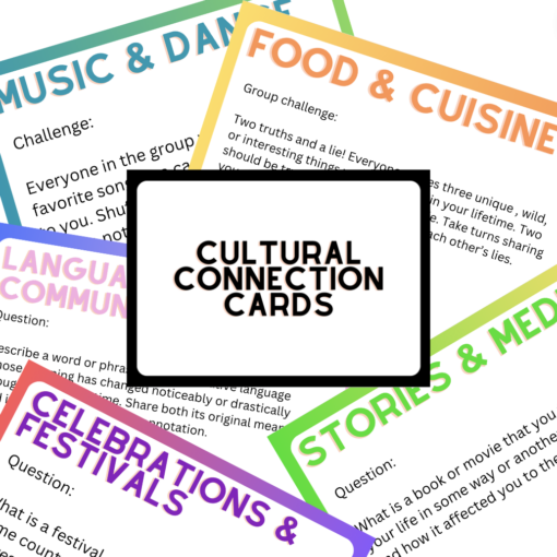 scattered game cards behind a single title card that reads "cultural connection cards"