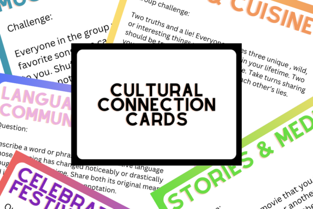 scattered game cards behind a single title card that reads "cultural connection cards"