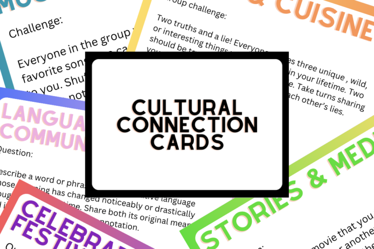 scattered game cards behind a single title card that reads "cultural connection cards"