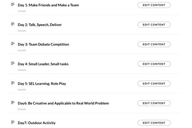 The course design outline for each day of the camp by using Articulate (a course design website)