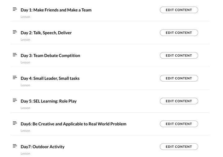 The course design outline for each day of the camp by using Articulate (a course design website)