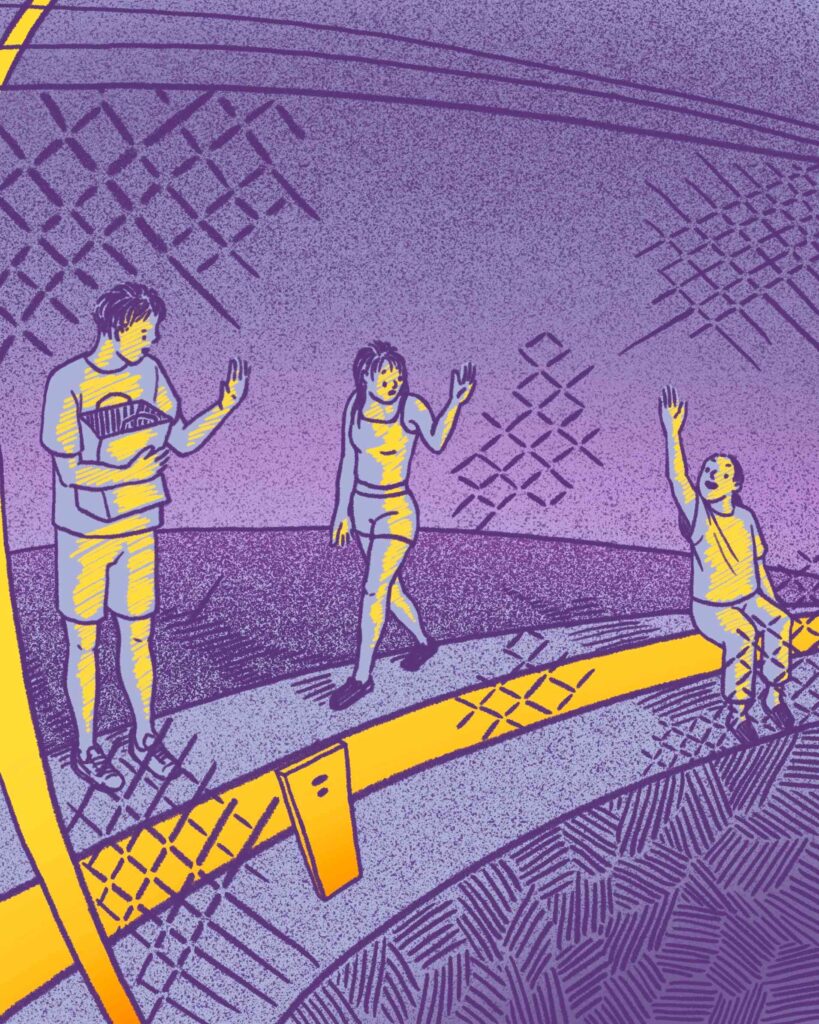 Page 10 of comic. The biker waves goodbye to the two people who are walking off.