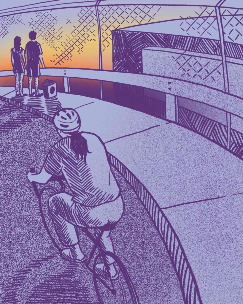 Page 1 of comic. Illustration of a person on a bike. There are two people on the bridge in the distance looking through a chainlink fence at the sun setting.