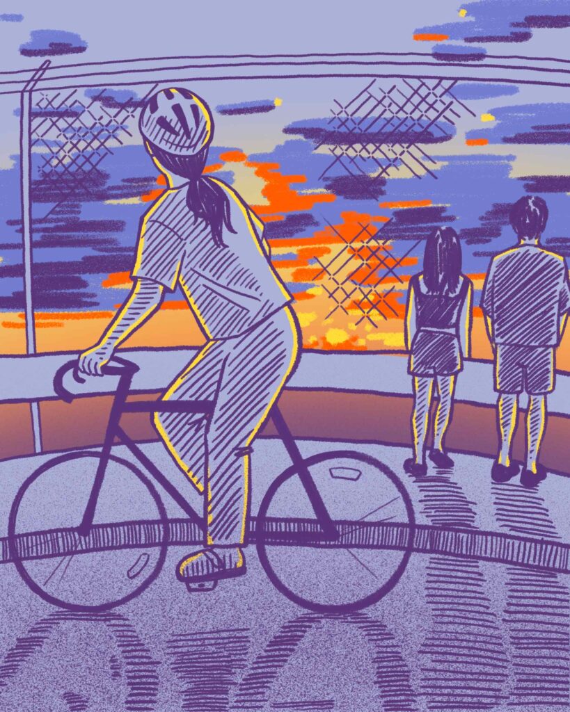 Page 2 of comic. Person on bike stops behind the two people on the bridge when they see the full sunset.