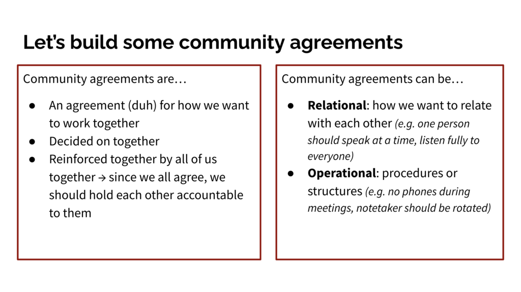 Sample slide with community agreement building activity