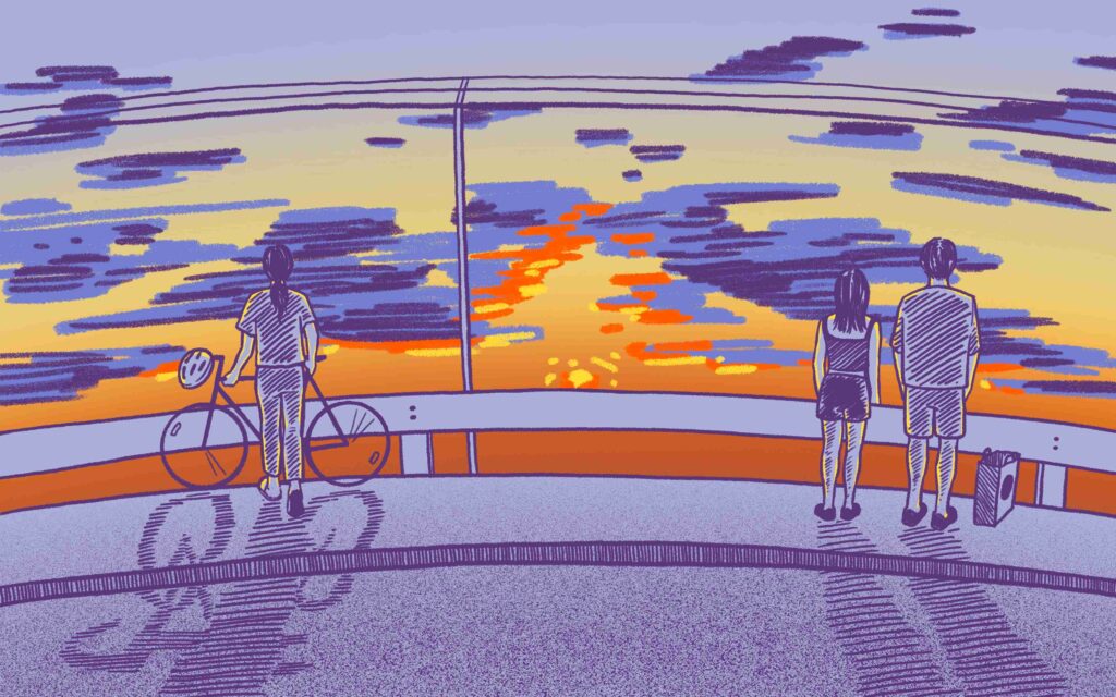 Page 4 of comic. Illustration of the biker bringing their bike to the sidewalk to continue watching the sunset.