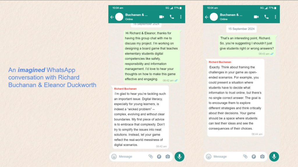 An Imagined WhatsApp Conversation with Richard Buchanan and Eleanor Duckworth 1
