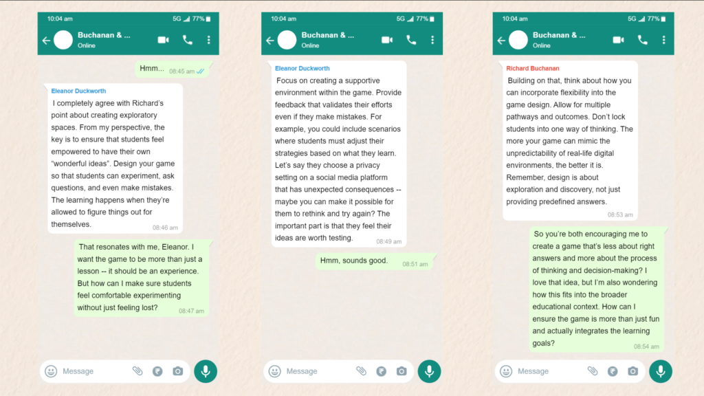 An Imagined WhatsApp Conversation with Richard Buchanan and Eleanor Duckworth 2