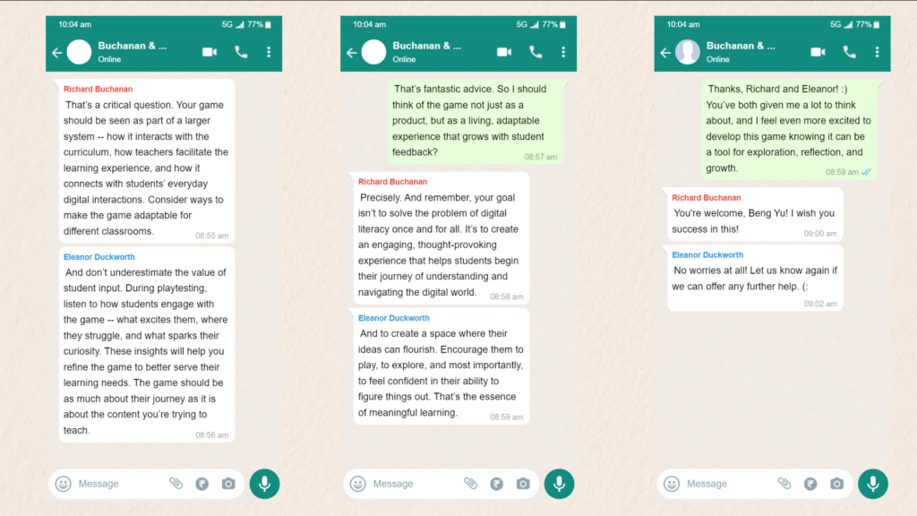 An Imagined WhatsApp Conversation with Richard Buchanan and Eleanor Duckworth 3