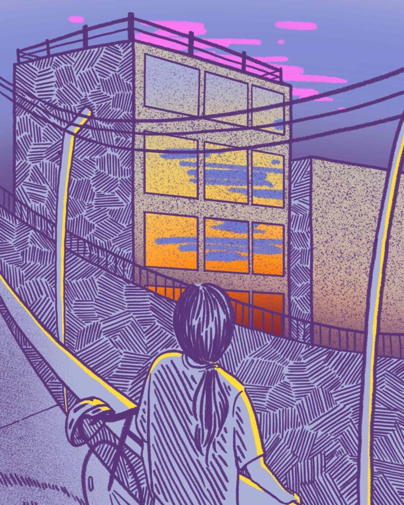 Page 7 of comic. The biker looks off into the distance and sees a pink glow of clouds being blocked by a building.