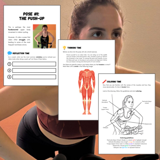 A background image of a woman doing a push-up on an indoor cycling bicycle. On the top layer, 3 pages from an interactive workbook with activities are shown.