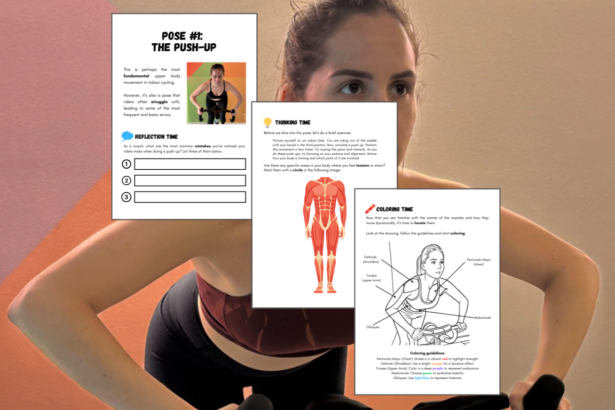 A background image of a woman doing a push-up on an indoor cycling bicycle. On the top layer, 3 pages from an interactive workbook with activities are shown.