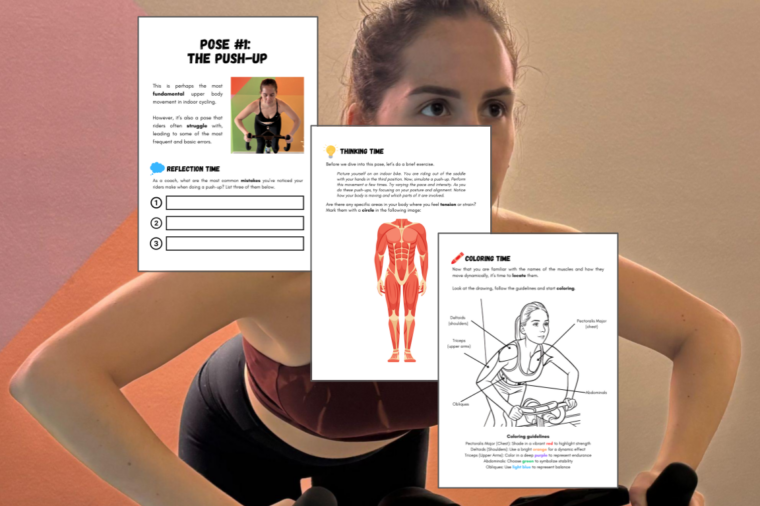 A background image of a woman doing a push-up on an indoor cycling bicycle. On the top layer, 3 pages from an interactive workbook with activities are shown.