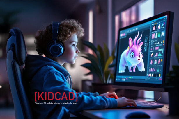 This is the KID CAD cover photo. A 9-year-old child is sitting in front of a computer, using future-proof 3D modeling software to create their mascot design in the school's maker space.