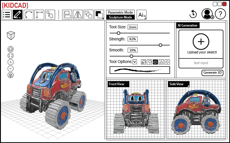 The image is a mockup of KIDCAD 3D modeling software, highlighting the Generative AI feature by uploading the hand sketch drawing directly. On the left of the Generative AI feature window is a set of controls in which the user can adjust the properties of the magic sculpting pen. Users can use this magic sculpting pen to modify the generated 3D models to the desired shape that the user intended to create.