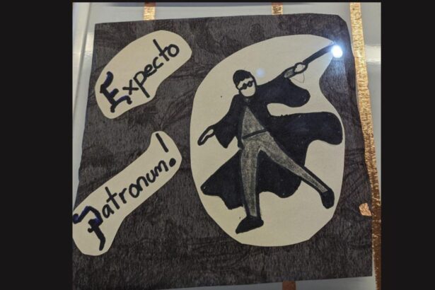 A light-up circuit tile displaying Harry Potter and the words Expecto Patronum.