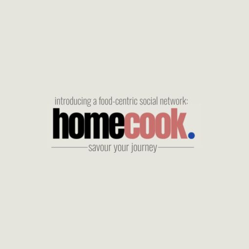 Homecook logo overlaid over beige background with text on top "introducing a food-centric social network:" and on the bottom "savour your journey"