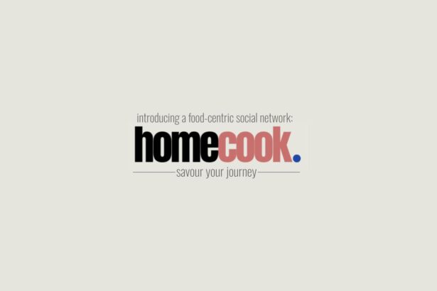 Homecook logo overlaid over beige background with text on top "introducing a food-centric social network:" and on the bottom "savour your journey"