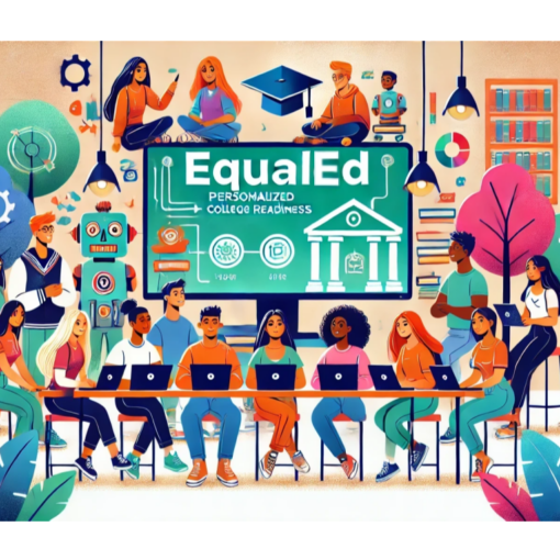 Illustration for EqualEd, featuring a diverse group of students engaging with the technology platform