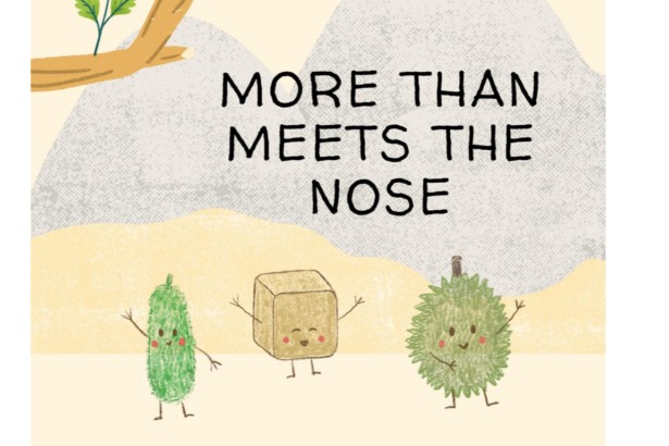 Illustration of three characters—Stinky Tofu, Durian, and Bitter Gourd—set against a background of mountains and a tree branch. The three characters are positioned under bold text reading, "More Than Meets the Nose"