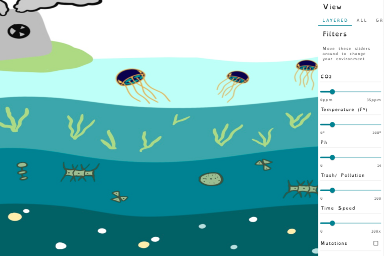 image of a game screen in the ocean with different marine life including jellyfish molecules, algae, and plankton with an energy plant on land next to the water.