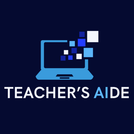 Logo with a stylized blue laptop on a dark background, with digital squares emerging from the screen. Below the image are the words "TEACHER'S AIDE" in bold, with "AI" highlighted in blue