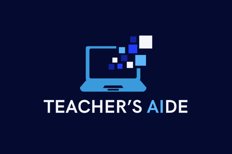 Logo with a stylized blue laptop on a dark background, with digital squares emerging from the screen. Below the image are the words "TEACHER'S AIDE" in bold, with "AI" highlighted in blue