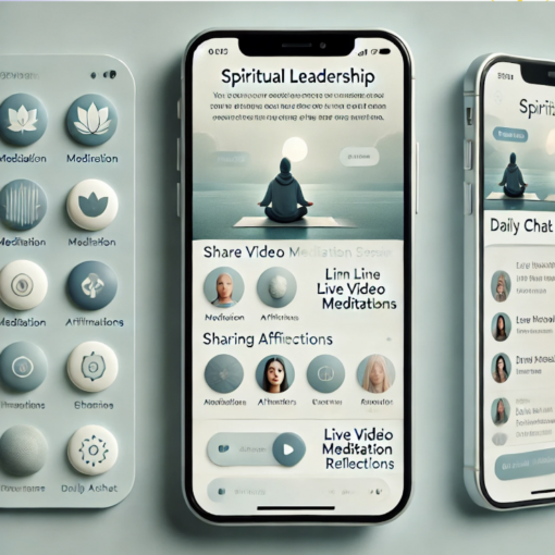The image shows a Spiritual Leadership app with features like meditation sessions, live video meditations, affirmations, and a community chat, designed for mindfulness and connection.