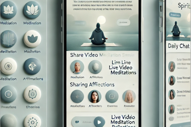 The image shows a Spiritual Leadership app with features like meditation sessions, live video meditations, affirmations, and a community chat, designed for mindfulness and connection.