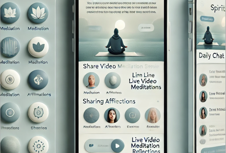 The image shows a Spiritual Leadership app with features like meditation sessions, live video meditations, affirmations, and a community chat, designed for mindfulness and connection.