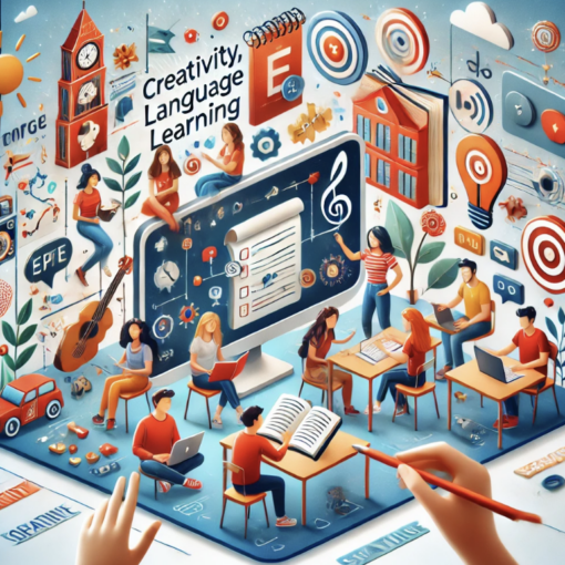 The image showcases a vibrant digital environment for a storytelling-based language learning platform. It depicts diverse learners collaborating through interactive storytelling, with elements like thought bubbles, cultural icons, and creative prompts floating around.