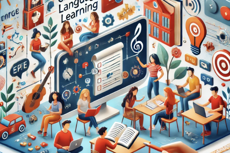The image showcases a vibrant digital environment for a storytelling-based language learning platform. It depicts diverse learners collaborating through interactive storytelling, with elements like thought bubbles, cultural icons, and creative prompts floating around.