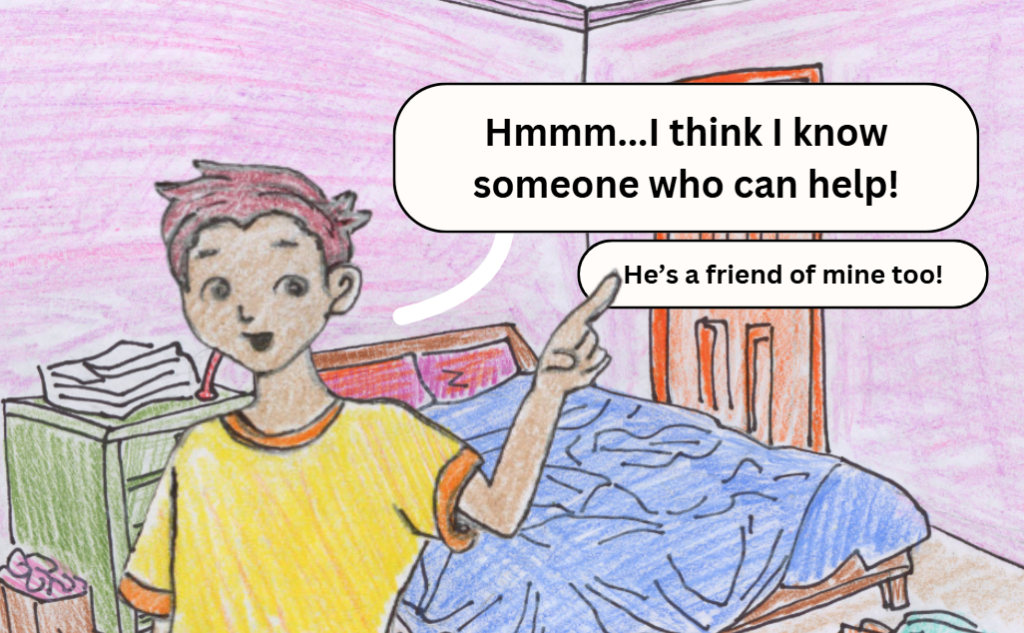 Book page featuring Sage pointing to the right and saying "I think I know someone who can help!"