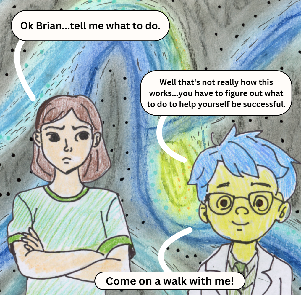 Book page featuring Cassie and Brian. Cassie asking Brian what to do, Brian saying she can figure out how to solve her problem herself.