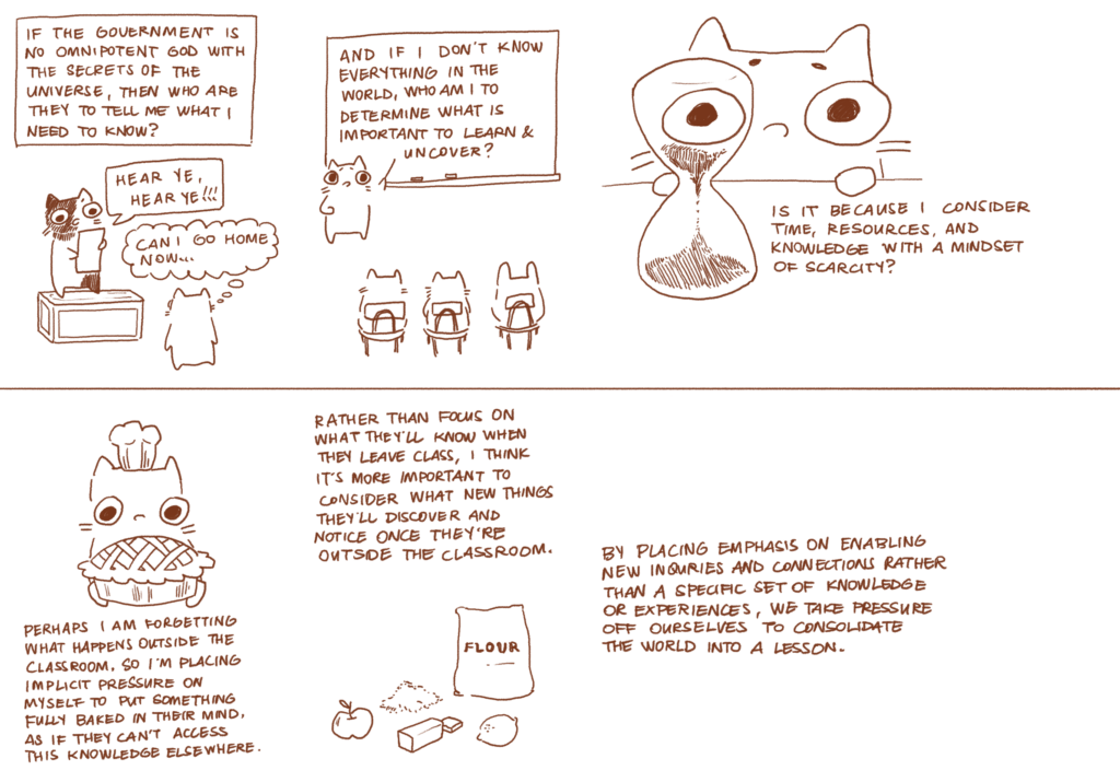 A comic drawn digitally. It questions the purpose of teaching and how we come to terms with not knowing everything while still teaching.