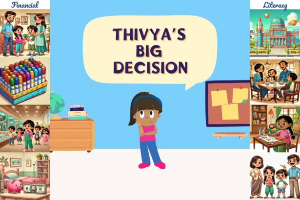 On the top inside a yellow text bubble the title states, "Thivya's Big Decision". There is a blue background with a white floor. There is young cartoon girl with a pink shirt and blue pants standing in the middle with her hands on her chin with a thinking expression. Along the left and right borders are different AI generated images that are part of the book.