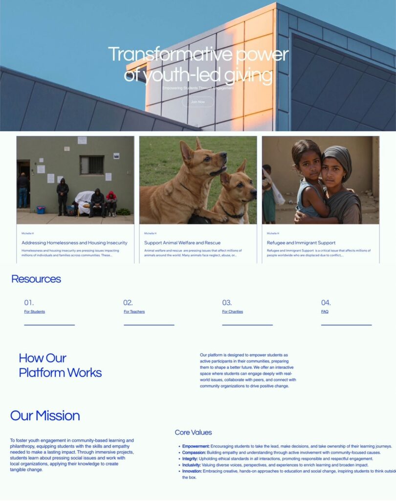 Sample of website, title reads Transformative Power of Youth-led Giving followed by links to resources