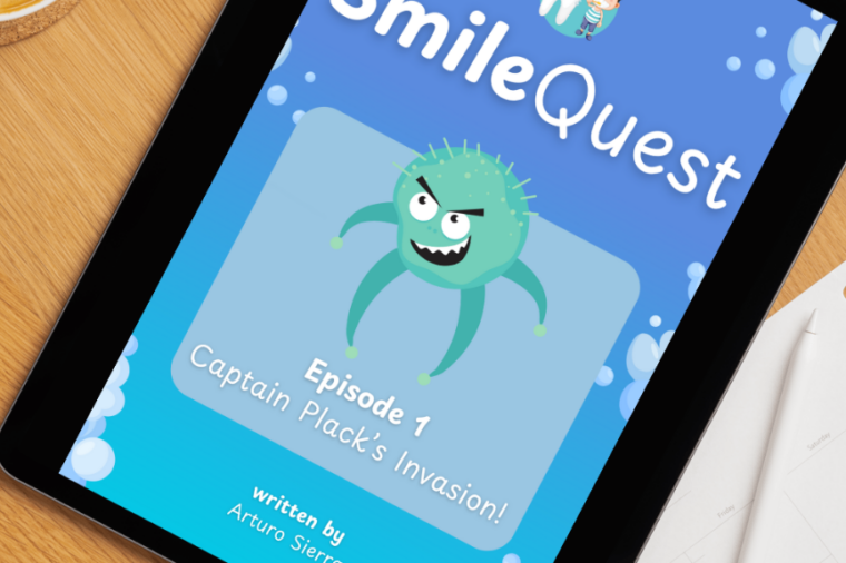 A cropped image of a mockup of the book SmileQuest, being read on an eReader device.