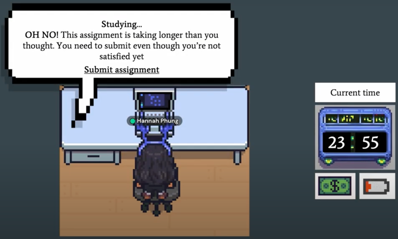 Screenshot about an assignment taking longer than expected from one of the simulation videos 